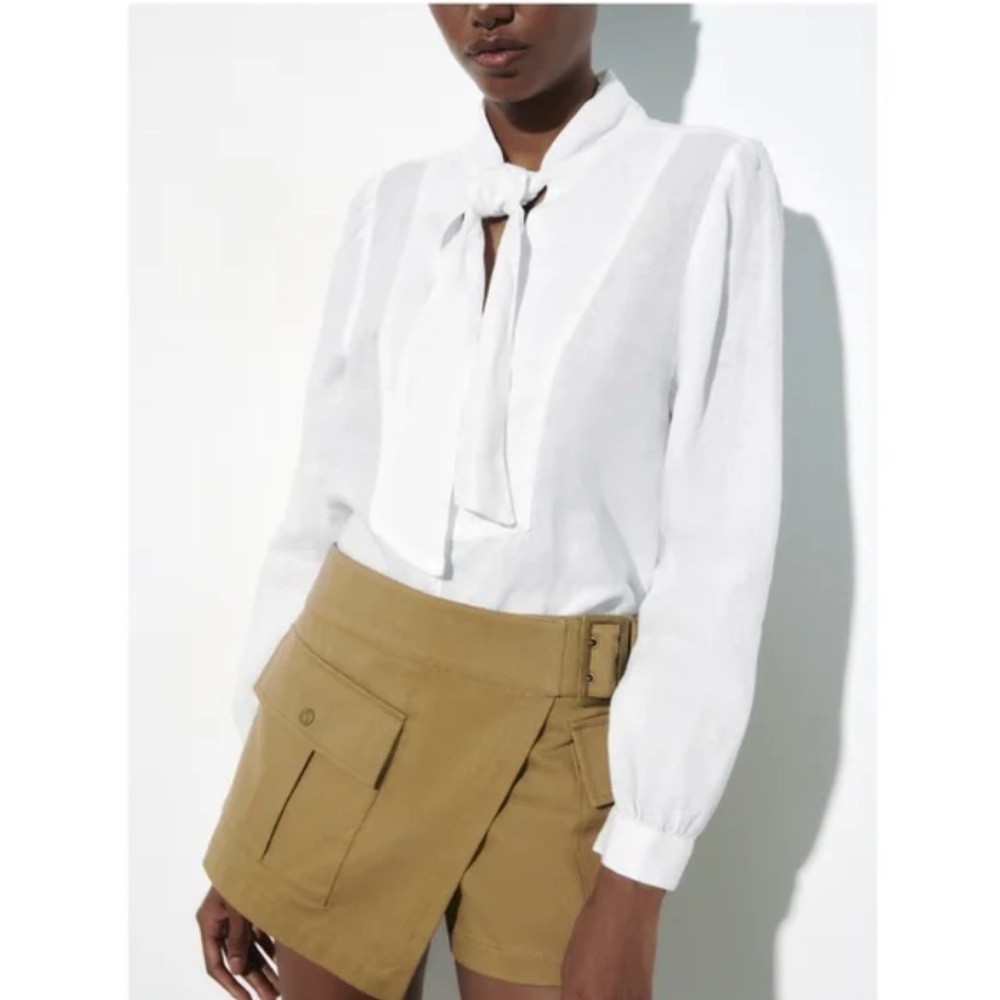 Zara 100% Linen Bow Shirt Blouse Long Sleeves White Size L NWT